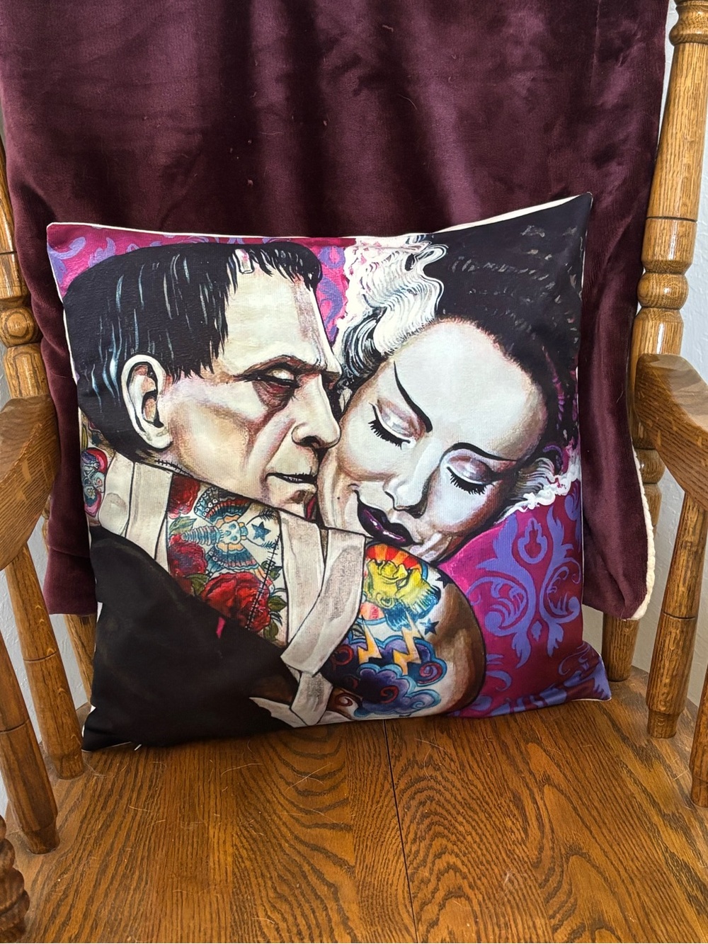 Frankie & His Gorgeous Bride in Passionate Embrace Throw Pillow Gothic Romance